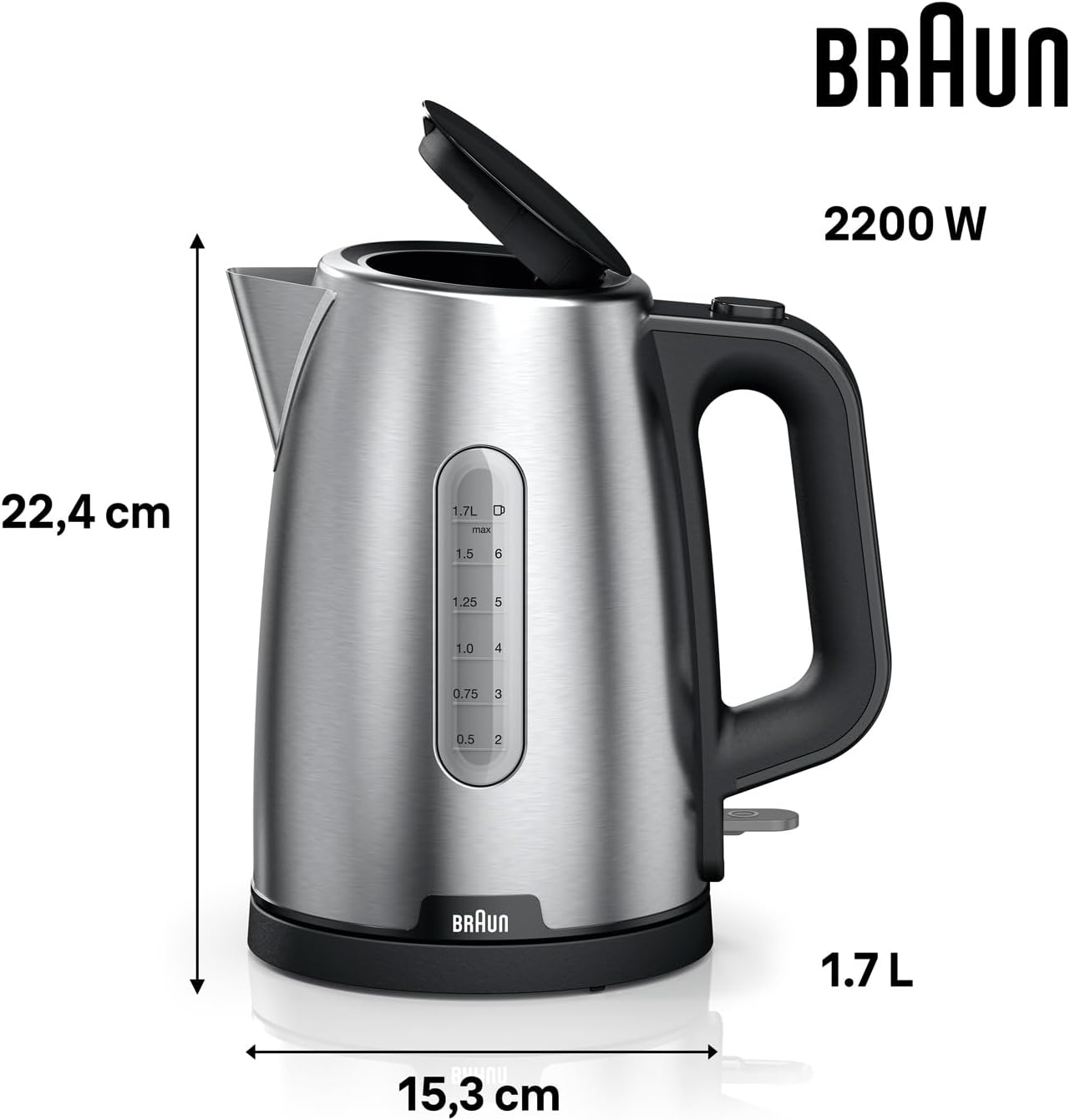 Braun Household Purshine WK1500BK, Electric Kettle with 360&deg; Rotating Base, Water Level Indicator, Cable Storage, Auto Shut-Off Function, 1.7L Capacity, 2200W, Black - White image number 6