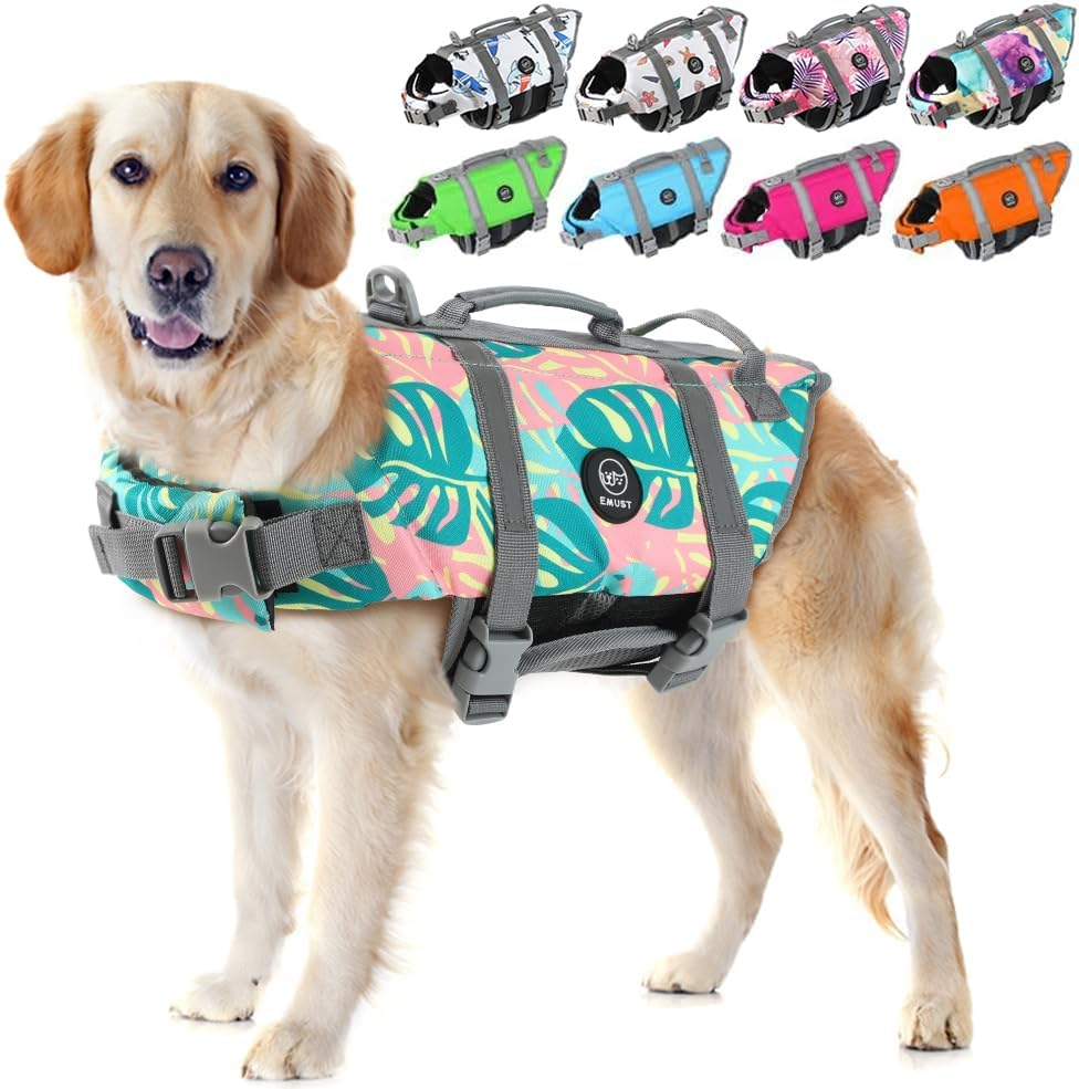 EMUST Life Jackets for Dogs, Adjustable Small/Medium/Large Dog Swim Vest for Water Safety Pet Life Vest with Rescue Handle Safety Vest for Swimming Pool Beach Boating, XL, Newsolidpink