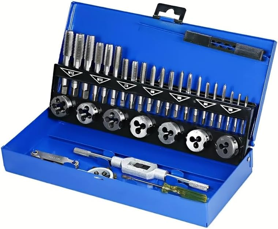 Tap and Die 32Pcs Set VS24-2 Metric Threading Tool Kit with Metal Storage Case for Cutting External and Internal Threads in Steel Includes Taps Dies Wrenches Screw Pitch Gauge and Screwdrivers