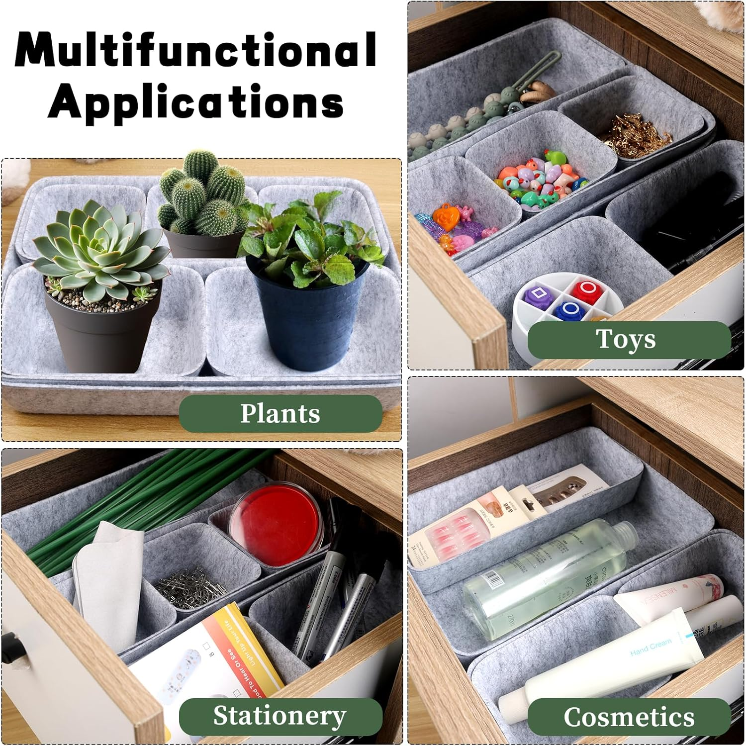 CTYUEYUN Felt Drawer Organiser, Pack of 8, Stackable Felt Organiser Drawer, Dressing Table Organiser for Drawer, Desk Organiser, Drawers for Desk, Bedroom, Bathroom, Kitchen (Light Grey) image number 1