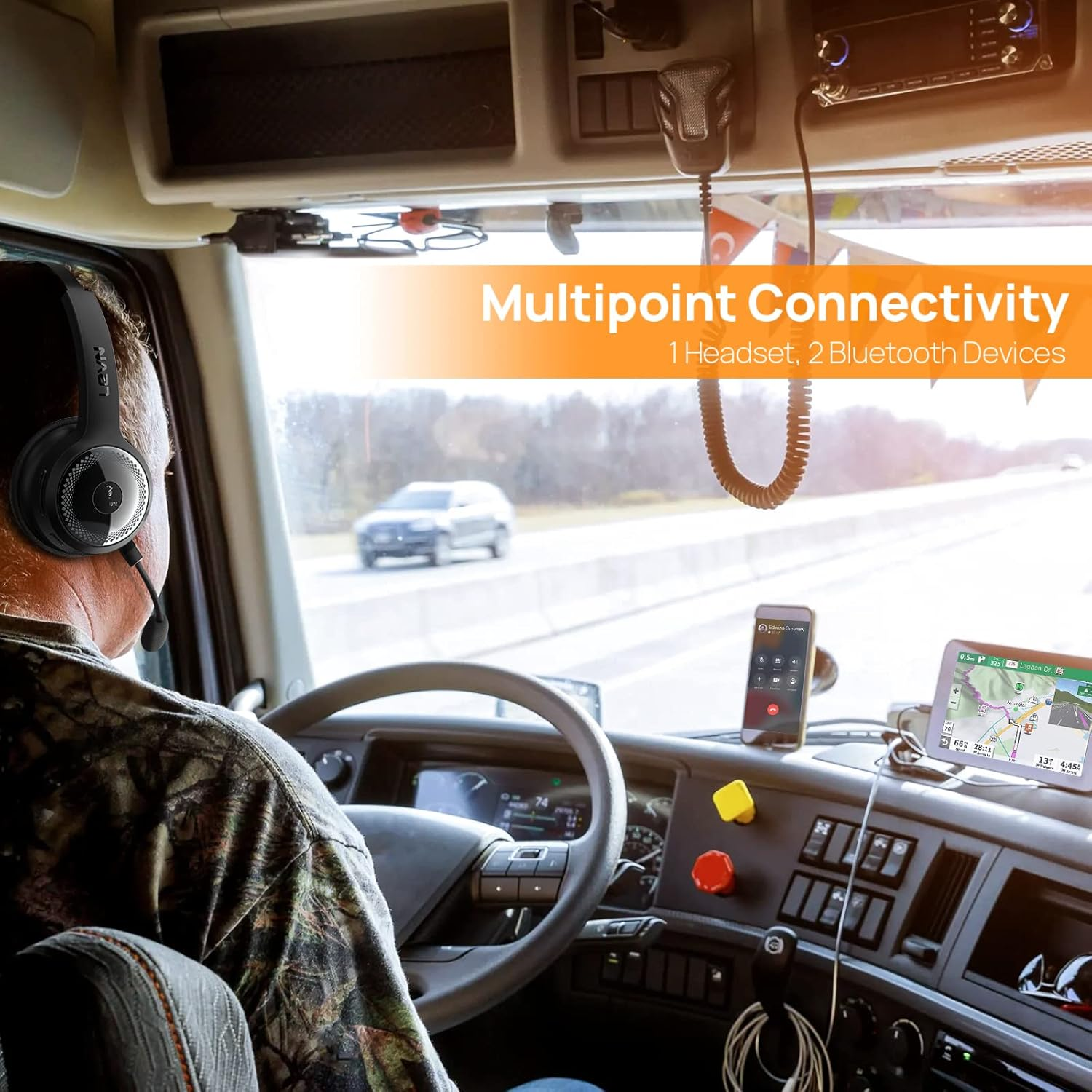 LEVN Trucker Bluetooth Headset, Wireless Headset with Microphone (AI Noise Cancelling), 60Hrs On-Ear Bluetooth 5.2 Headphones Multipoint Connection, Suitable for Trucker/Car Driver/Remote Work/Office image number 6