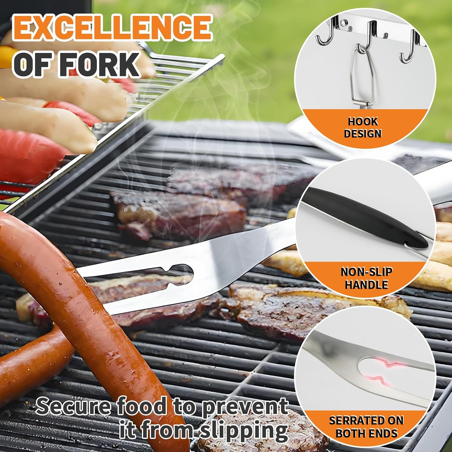 BBQ Tool Set, Stainless Steel Grill Accessories Tools for Outdoor Grilling Cooking Camping, Heavy Duty Grill Spatula, Tong, Fork, Basting Brush & Cleaning Brush, Travel Bag (Black) image number 6