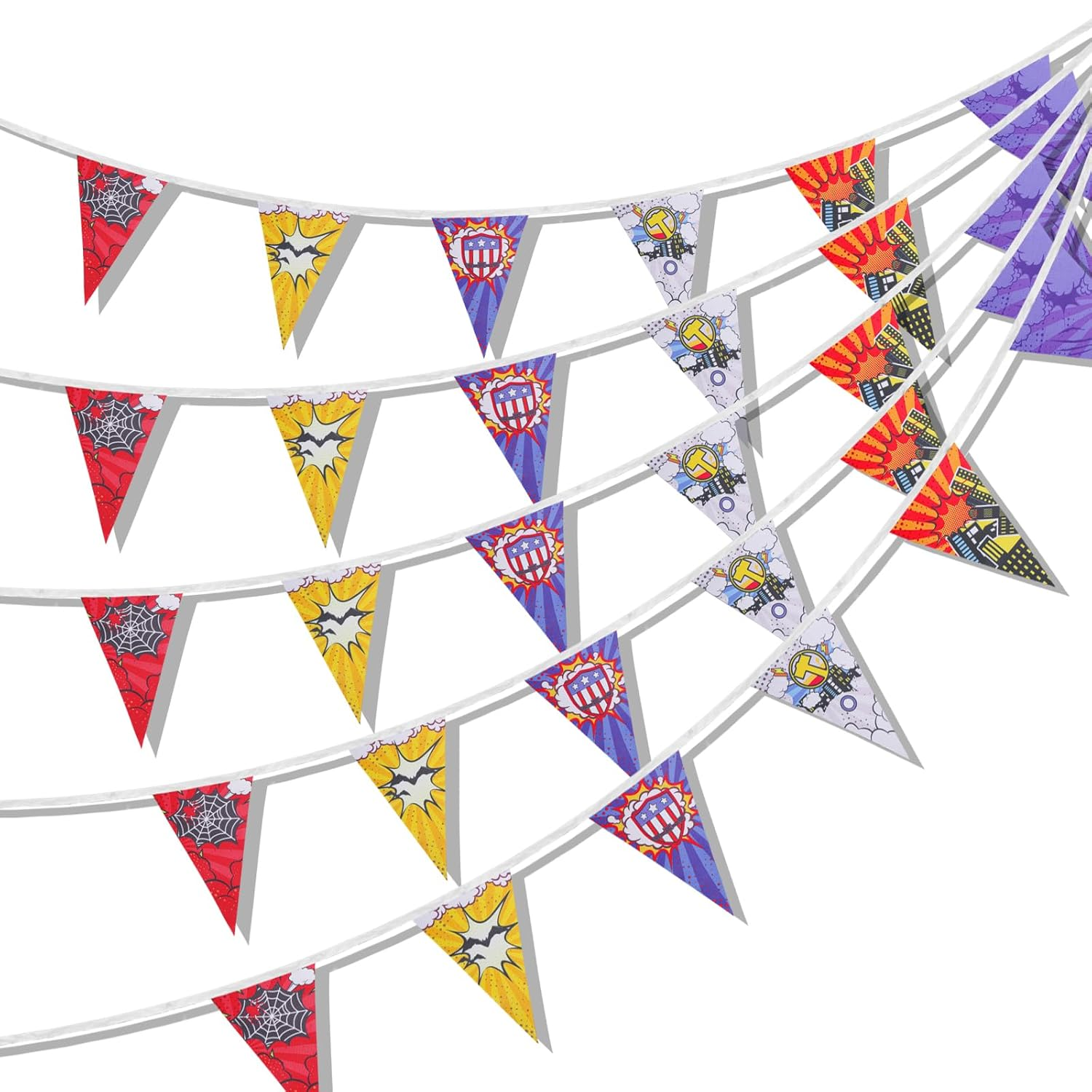36 Pcs Hero Triangle Banner, 11M/36Ft Colorful Hero Theme Pennant Banner Flags Cartoon Theme Party Decorations Hero Flag Backdrop for Kids Birthday Baby Shower Photo Decoration image number 1
