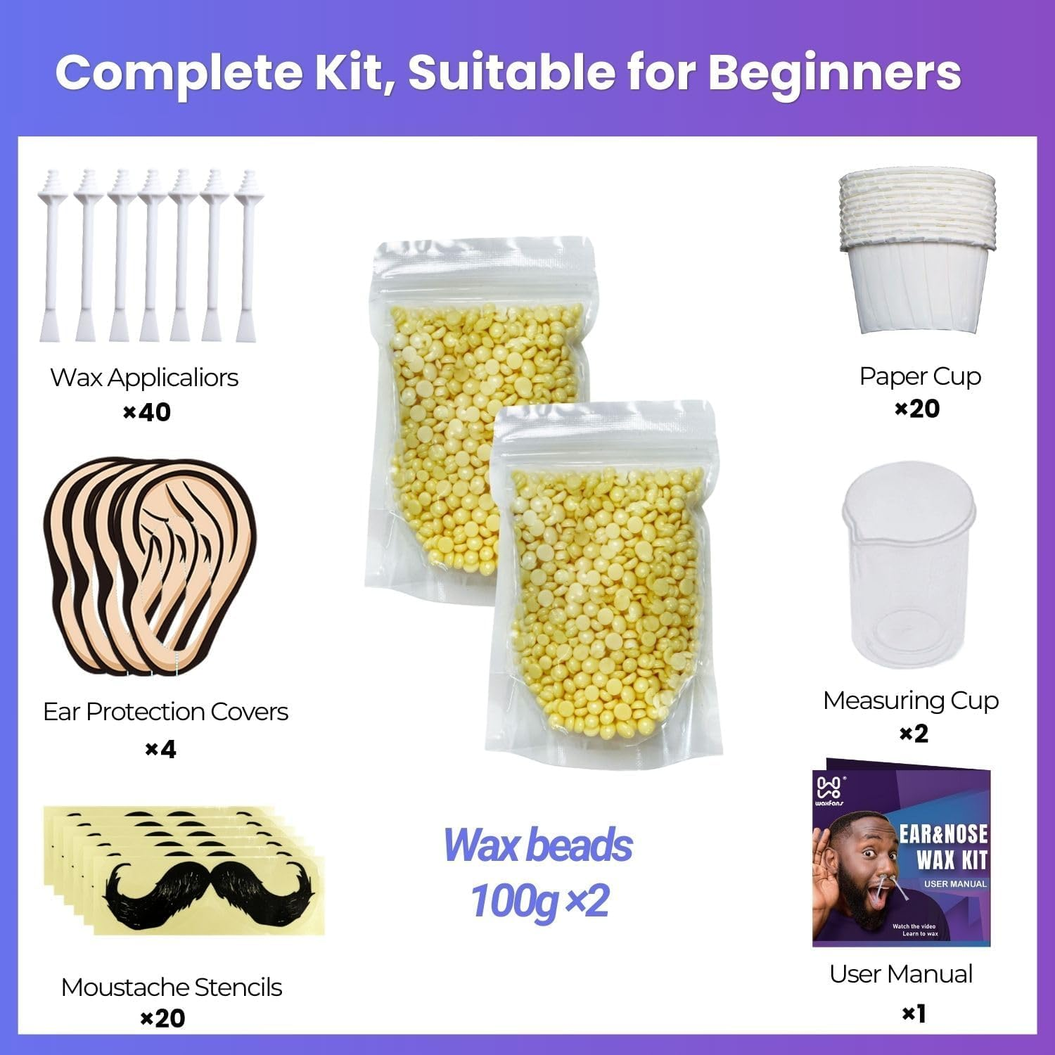 Waxfans Nose Wax Kit Men,Ear Hair Wax Kit,200G Wax,For 40 Uses,Nose & Ear Hair Removal for Men and Women,Long-Lasting for 4 Week (Green)