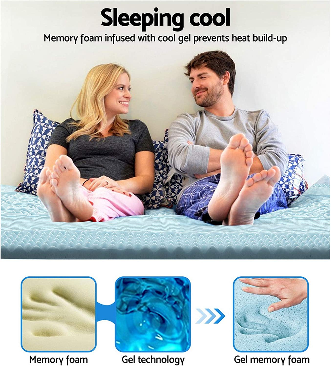 Giselle Bedding 7 Zone Queen Memory Foam Mattress Topper, Foldable Bed Mattresses Toppers Protector Bamboo Cool Cover Sleeping Mat Home Bedroom, 8Cm Thick Removable Washable White Blue image number 1