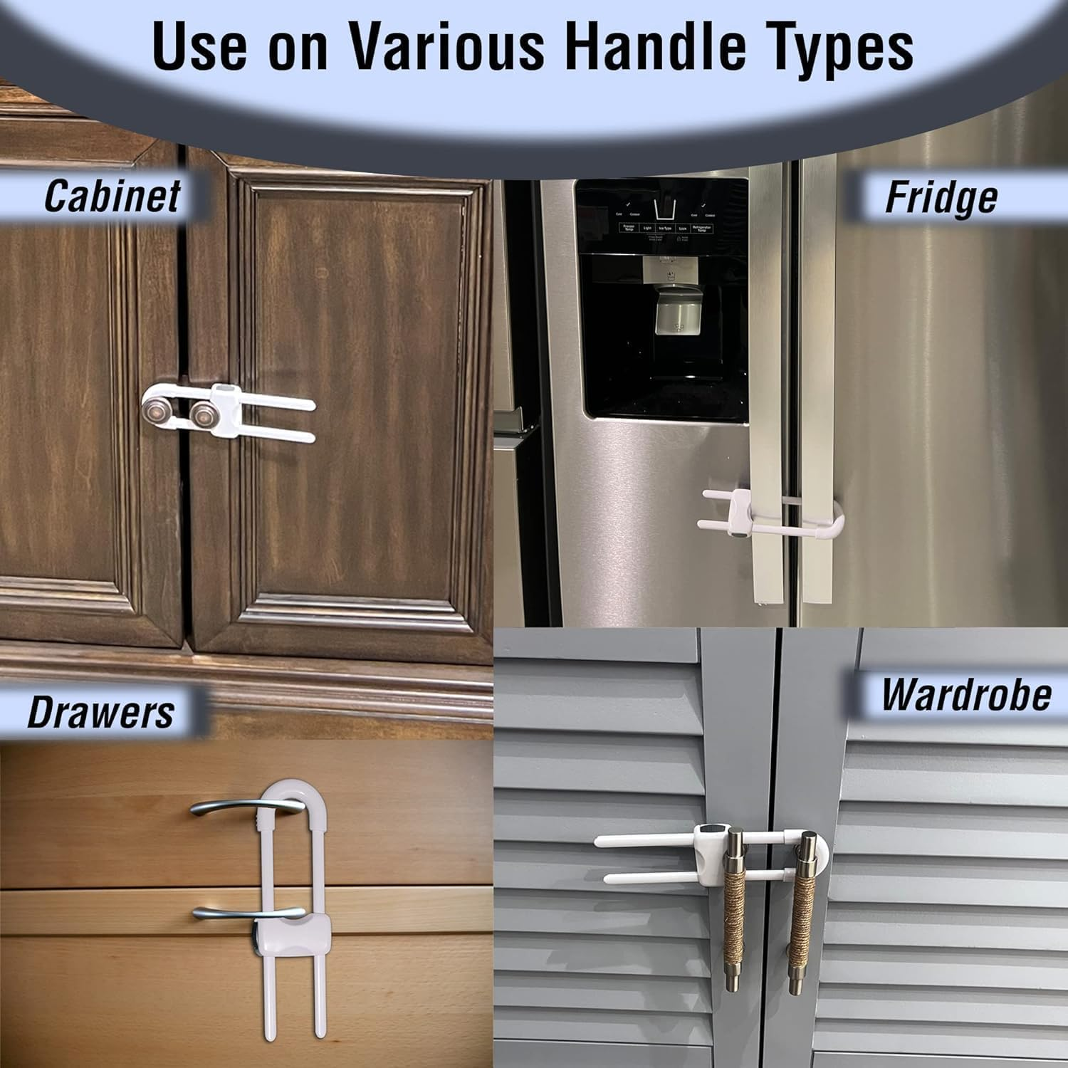 Sliding Cabinet Locks for Baby, Baby Proofing Adjustable U-Shaped Baby Safety Latches for Handles Knobs Drawers, Fridge, Closet, Cupboard, Closet with Secure Lock Buttons,2Pack (White) - Gray image number 6