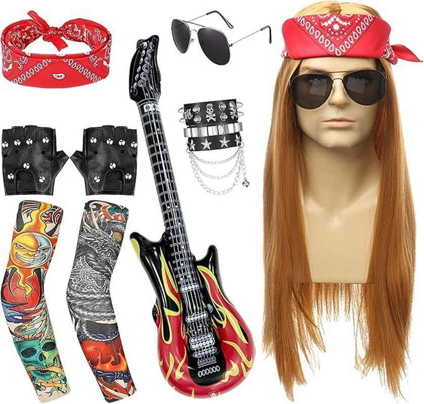 1980S Rockstar Hippie Costume Accessories - 60S 70S 80S Metal Rock Band Punk Costume Set with Wig, Bandana, Sunglasses,Tattoo Sleeves, Gloves, Wrist Chains, Guitar, Men Women Woodstock Outfits image number 1