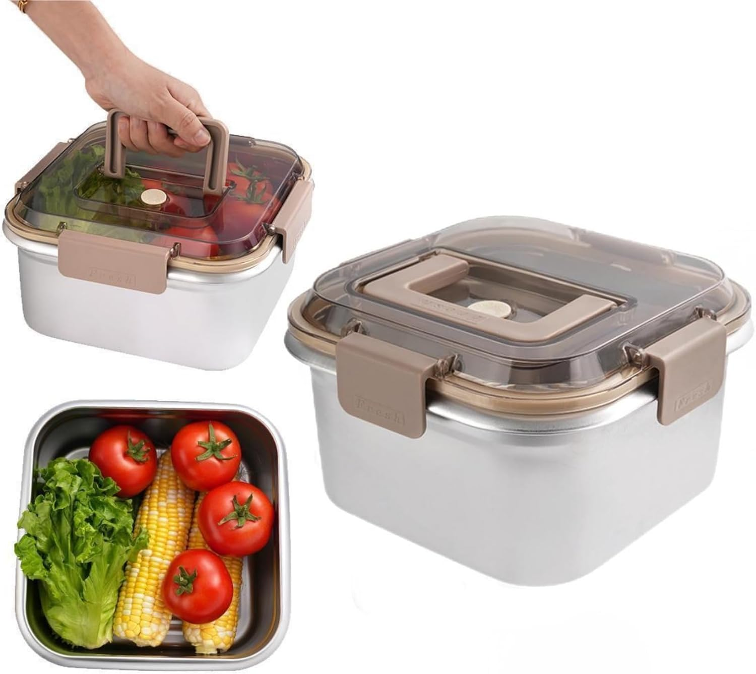 Food Storage Containers Outdoor 316 Stainless Steel Crisper Box Refrigerator Freezer Storage Box Fruit Seal Box Microwave Oven Heat-Resistant (2200ML)