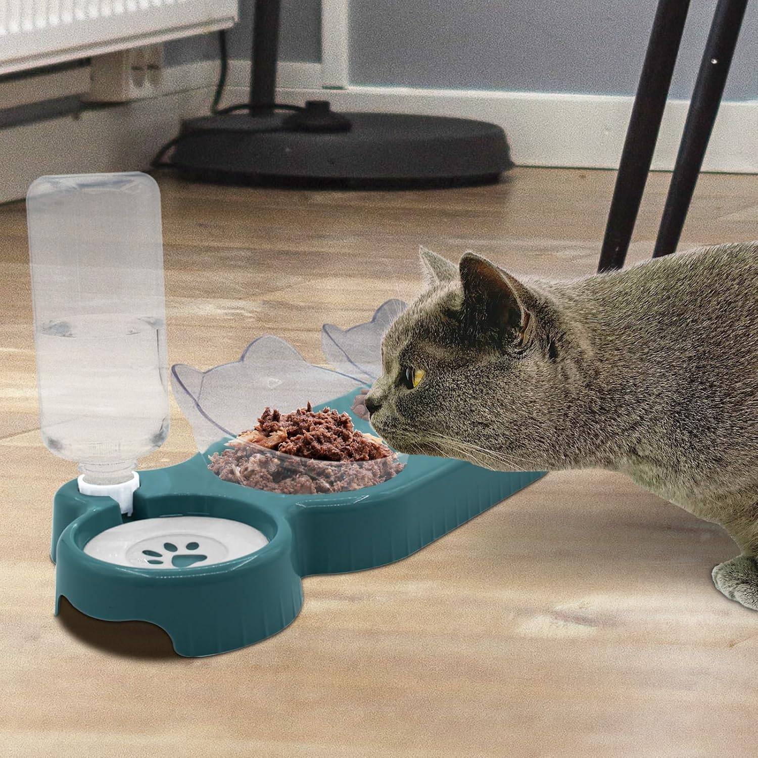 Triple Cat Bowls, 15&deg; Tilt 3-In-1 Water Feeder with Automatic Bottle, Whisker Friendly Wet and Dry Elevated Feeding Dishes for Small Cats and Puppies (Navy Blue) - Navy Blue image number 5