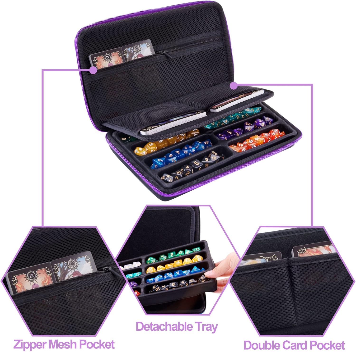 SIQUK Dice Case DND Dice Box Dice Storage Case Dice Organizer Holder with Handle Removable Slotted Tray Holds 8 Sets DND Dice for Dungeons & Dragons and Other RPG Table Games, Violet, Modern - Pure Blue image number 5