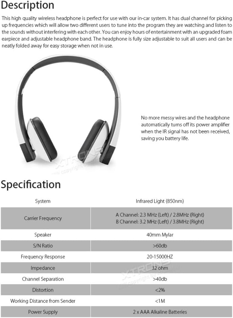 XTRONS White IR Wireless Dual Channel Stereo Headphones Infrared Headsets Cordless 2 Channels with Built-In IR Transmitter image number 4