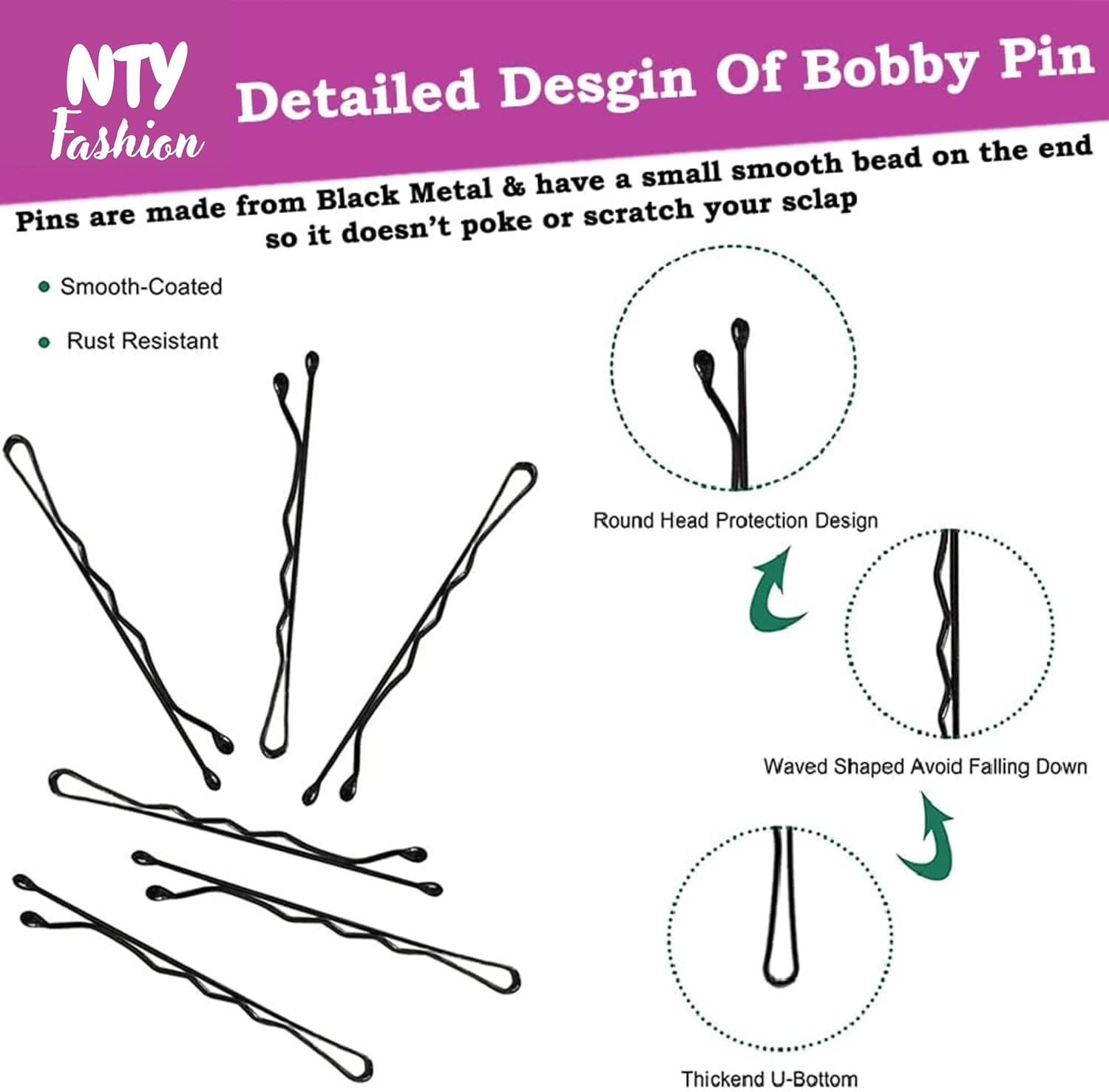 NTY Collections Black Bobby Pins for Women &ndash; 300 Pieces with Storage Box, Strong Grip Hair Pins, Durable Metal Hair Accessories for Thick & Thin Hair, Daily Styling Salon Use - (300Units, Black) image number 6