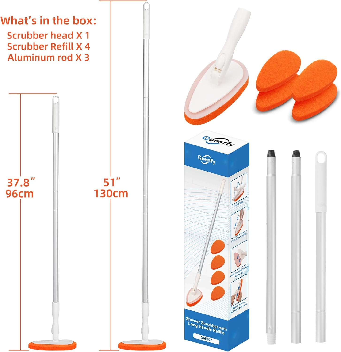 Qaestfy Shower Bathtub Tub Tile Scrubber Cleaning Brush with 51'' Handle, 5 Non-Scratch Scouring Pads, Adjustable Long Handled Scrub Brush for Cleaning Shower Bathroom Vessel Sinks Wall Floor, QAE027 image number 4
