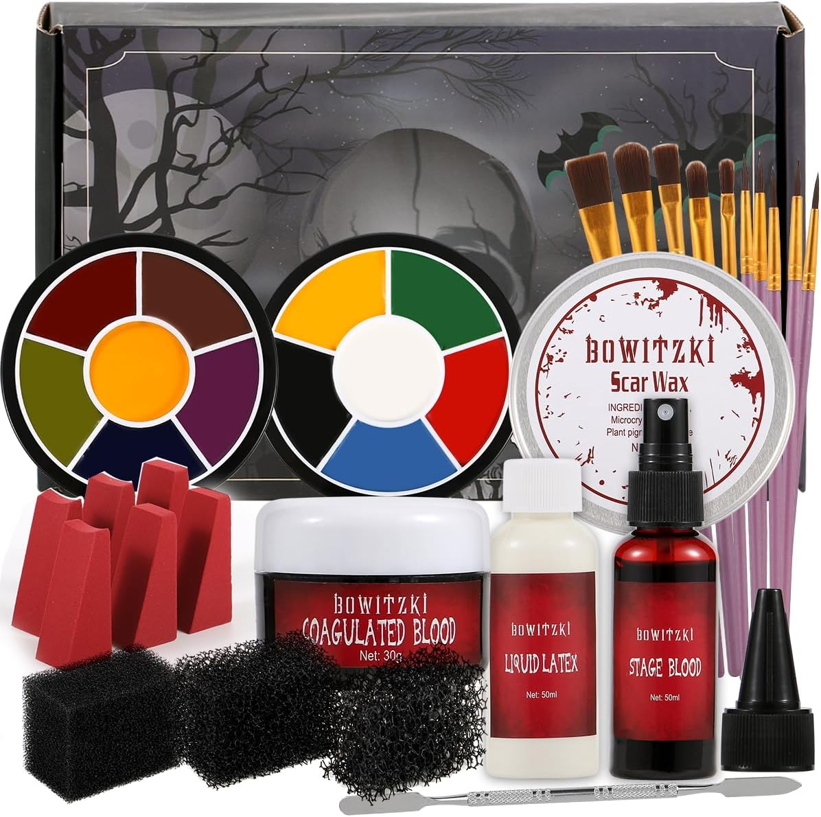 Bowitzki Halloween SFX Makeup Kit Special Effect Makeup,Liquid Latex+Scab Blood+Spray Blood+6 Colors Oil Based Face Paint+Sfx Bruise Wheel+Skin Wax+Stipple Sponges+Latex Free Sponges+Spatula+Brushes image number 2