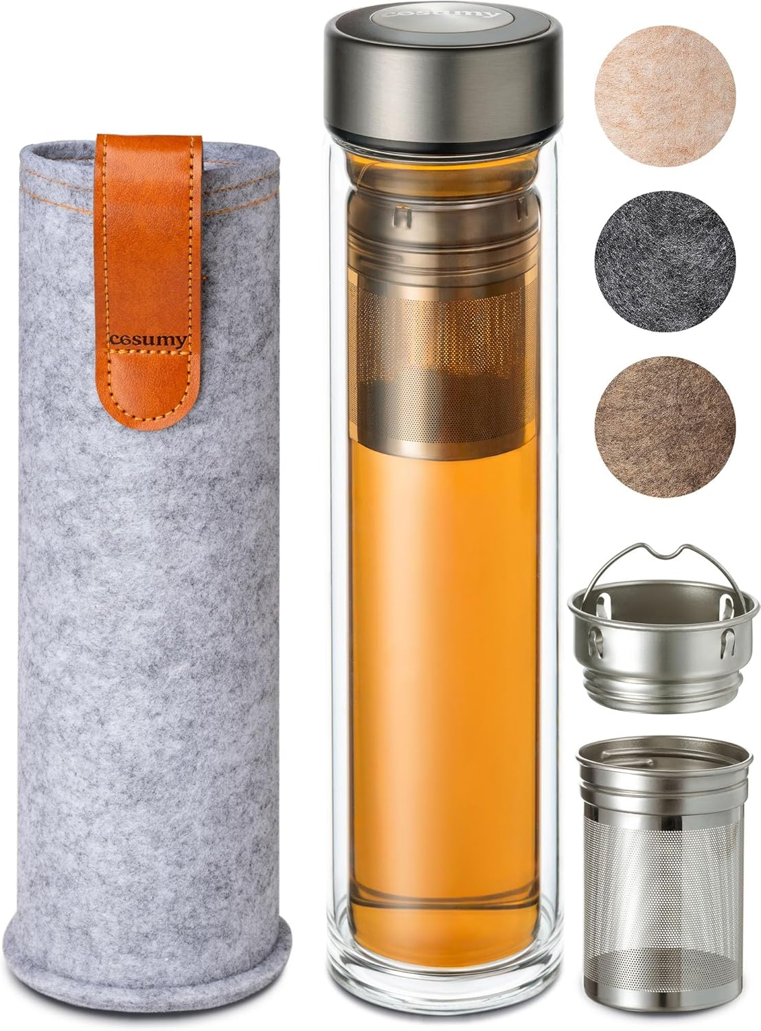 Cosumy Tea Bottle with Strainer to Go 500 Ml - Double-Walled Glass with Felt Bag - Heat Resistant - Leak-Proof - Dishwasher Safe - (Anthracite)
