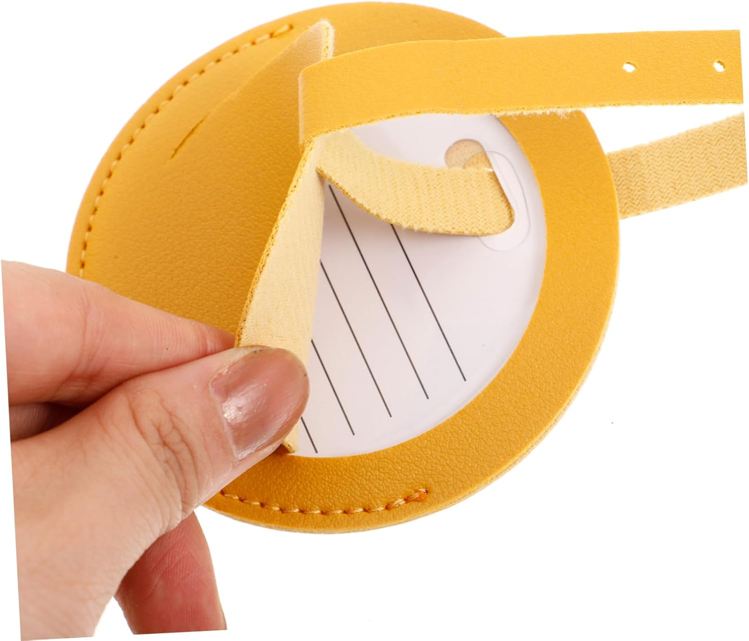 2 Pcs round Pu Leather Luggage Tags Privacy Cover Bright Yellow/Amber Sturdy Travel Bag Id Labels for Suitcase and Backpack image number 6