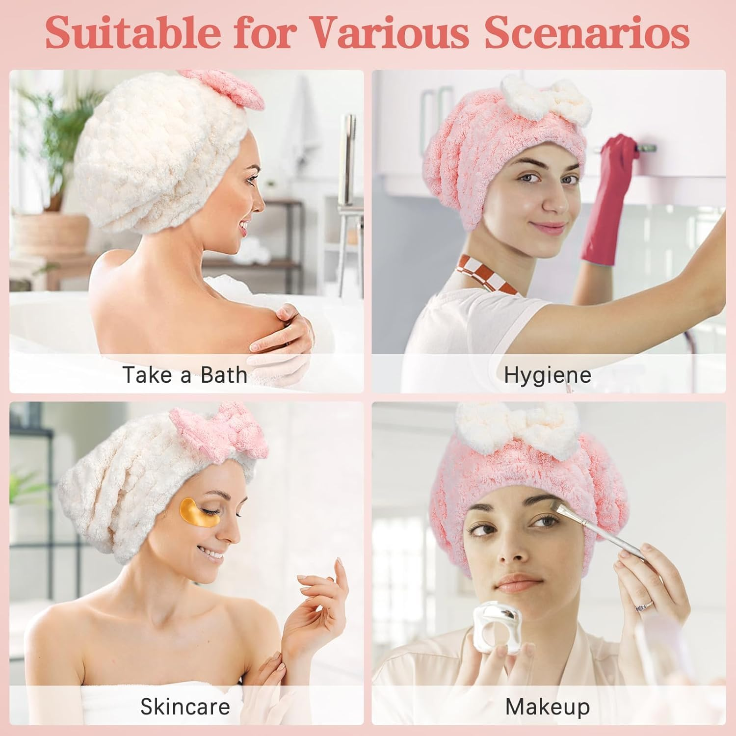 Zhangjunfle Microfibre Hair Drying Turban Towel Cap, 2 Pack Absorbent Hair Wrap with Bow-Knot,Elastic Microfiber Drying Hair Caps,Absorbent Hair Drying Cap Turban Towel image number 3