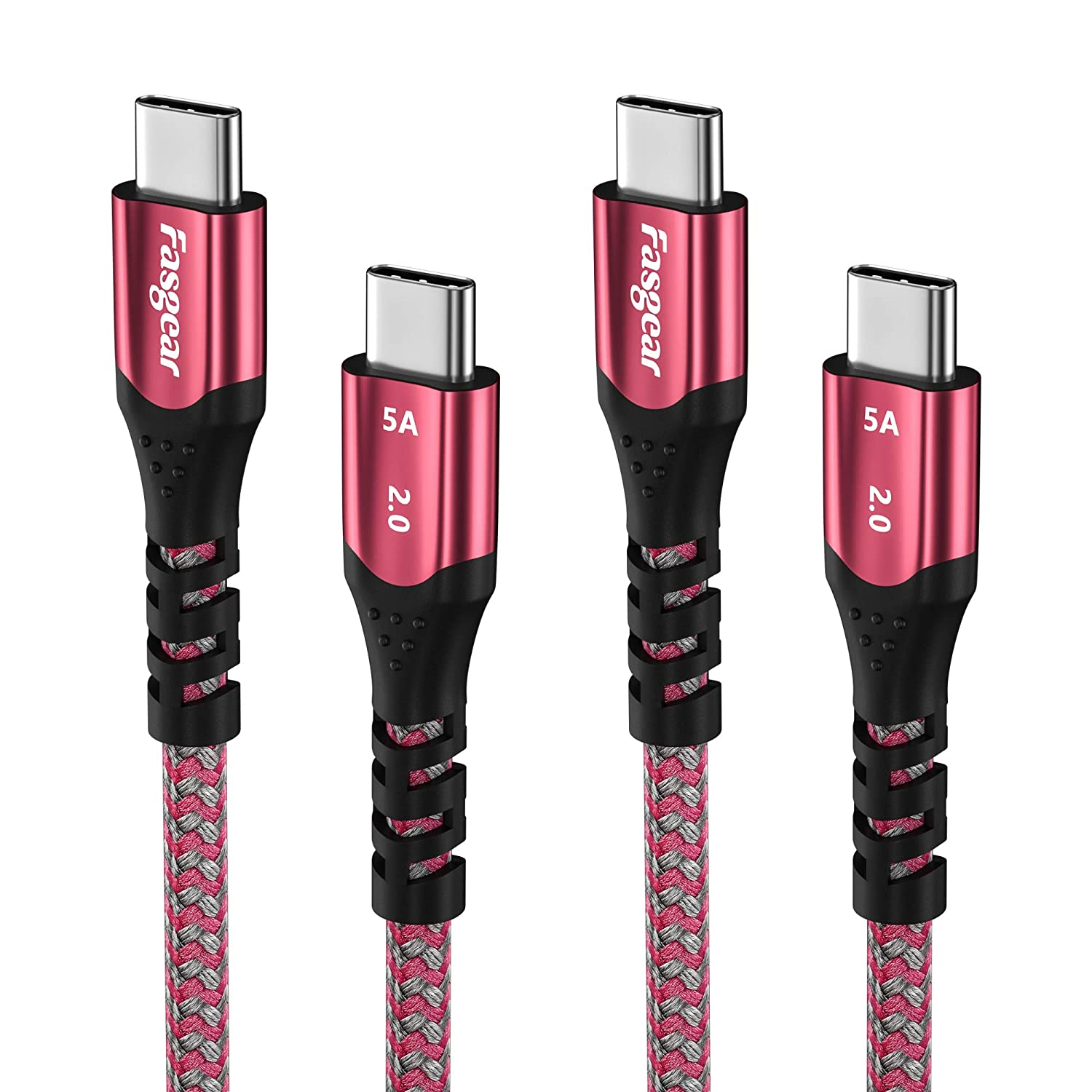 Fasgear Short USB C to USB C Cable 50Cm/1.6Ft - 2 Pack 100W (5A 20V) Power Delivery Nylon Braided USB 2.0 Type-C Cords Compatible for M1 Mac-Book Pro/Air,Chromebook,Galaxy S24,Switch (Red) image number 4