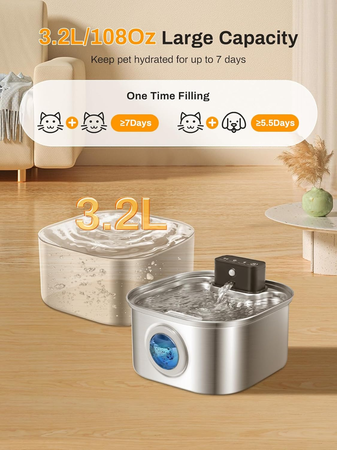 Wireless Cat Water Fountain, 4000Mah Battery Operated, 3.2L/108Oz Cordless Automatic Stainless Steel Pet Fountain with Motion Sensor, Rechargeable Cat Drinking Fountain with Ultra-Quiet Pump for Pets image number 1