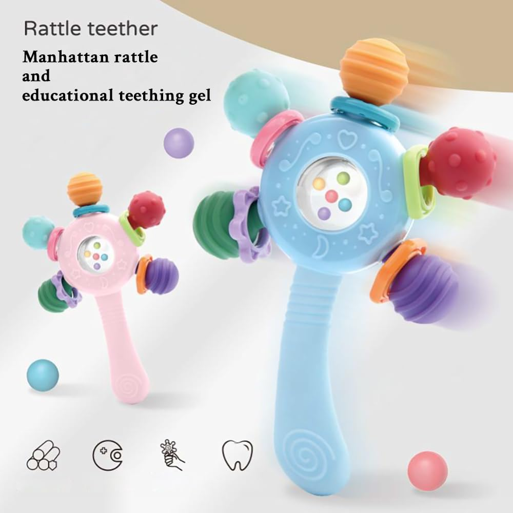 Itreatu Baby Sensory Toy for 0-6 Months,Montessori Early Education Toy,Teething Toy for 3-6 Months,6-12 Months, Rattle Stick Toy,Baby Rattle, Grasp Training Toy, Baby Teething Toys,Newborn Toys (Blue) - Pink image number 7