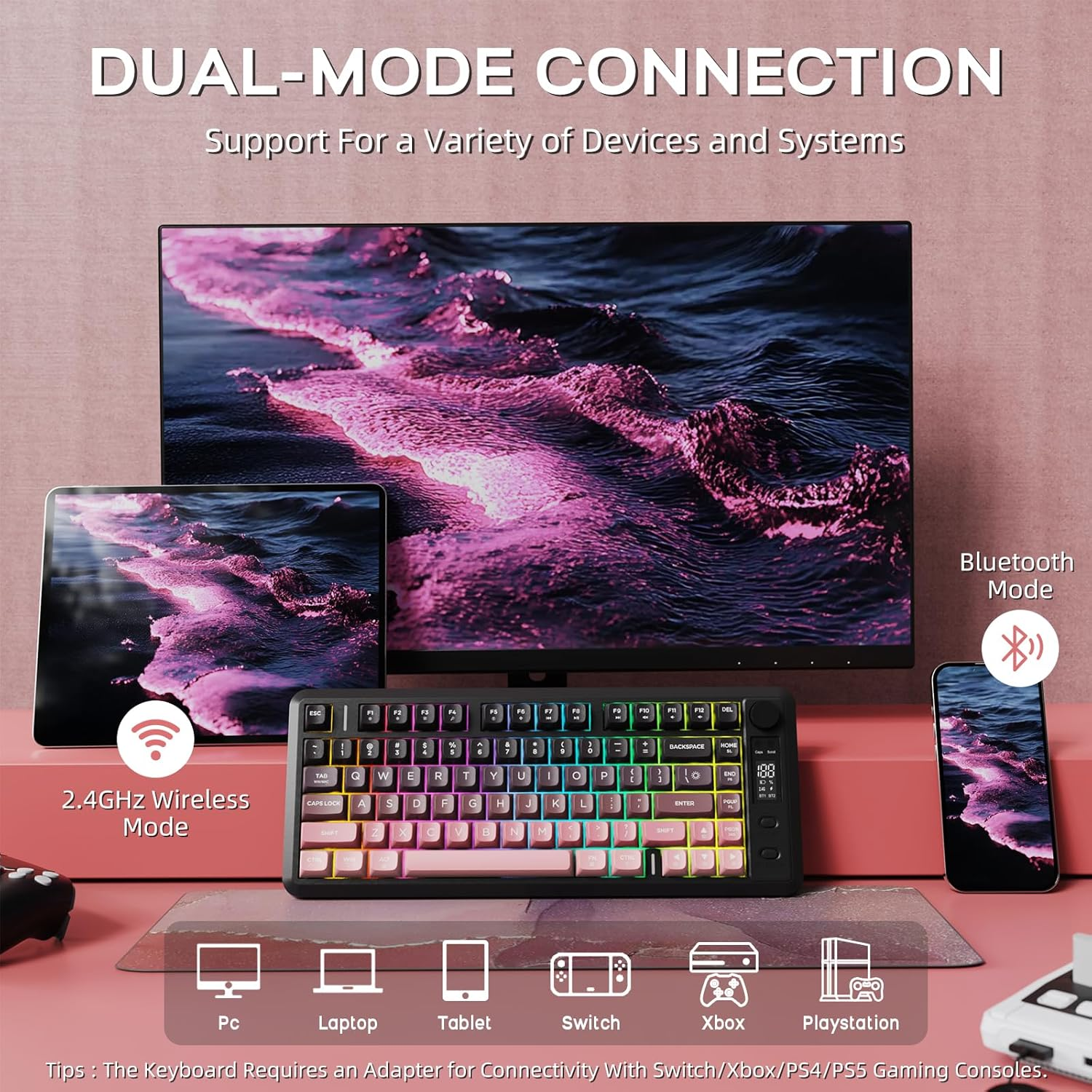 FREEWOLF X Attack Shark M75 Wireless Membrane Gaming Keyboard Mechanical Feel with Knob & OLED Display Bluetooth/2.4Ghz Rainbow Backlit Gradient PBT Keycaps 2000Mah Battery Anti-Ghosting-Pink image number 2