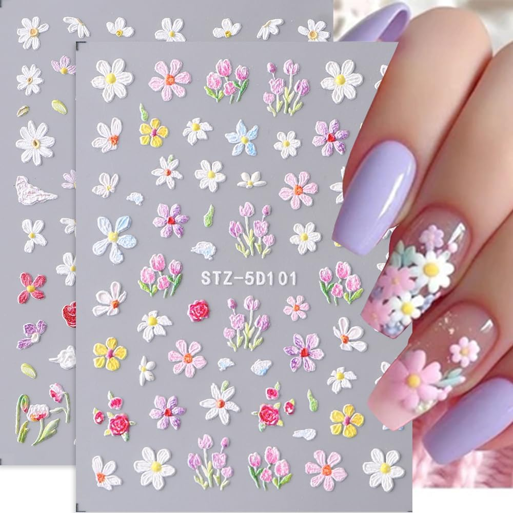 Nail Stickers Self-Adhesive 5D Flowers Nail Art Stickers Pink White Wild Flowers Spring Flowers Nail Sticker 3D Nail Design DIY Manicure Decoration (2 Sheets) image number 2