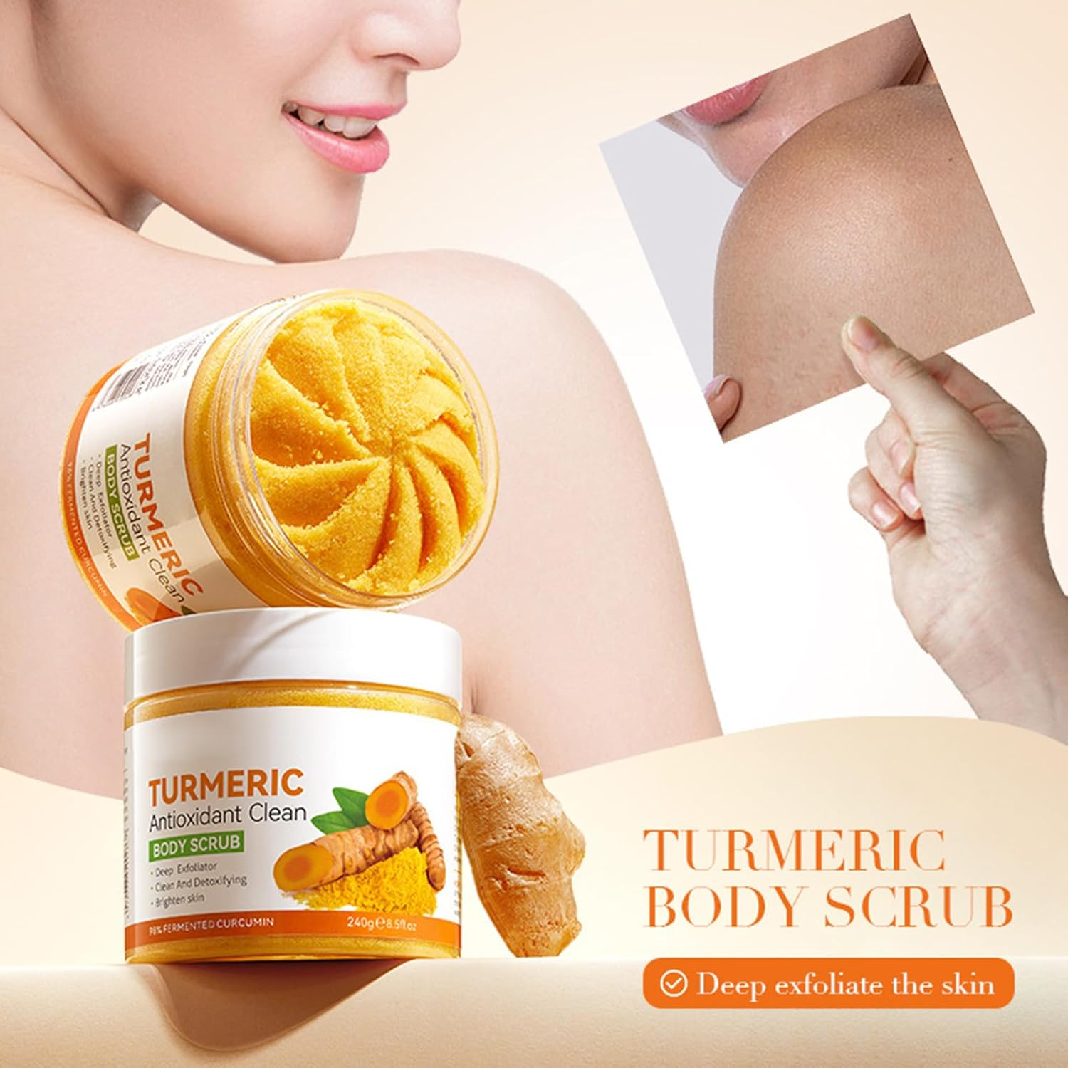 Turmeric Sugar Scrub - Hydrating Brightening Scrub - Body Exfoliator for Scars & Stretchmarks, Great for Daily Use, Turmeric Lightening Scrub for Face & Body, 240G image number 1