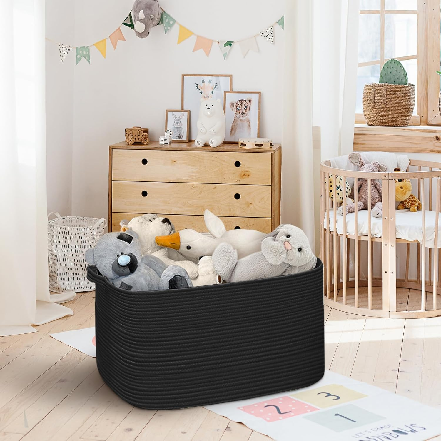 HONCESTA Extra Large Black Basket, 22" X 17" X 12" Rectangle Woven Storage Container, Soft Cotton Rope Kids Room Toy Box Bins, Big Wicker Organizer for Blankets, Pillows, Laundry - Black image number 4