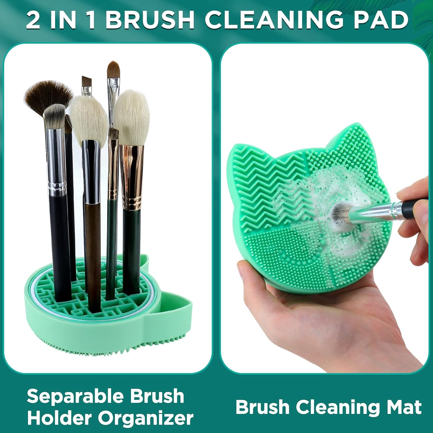 Mygeromon Makeup Brush Cleaning Mat with Drying Holder for Sink- Silicone Washing Cosmetic Cleaner Pad (Green)
