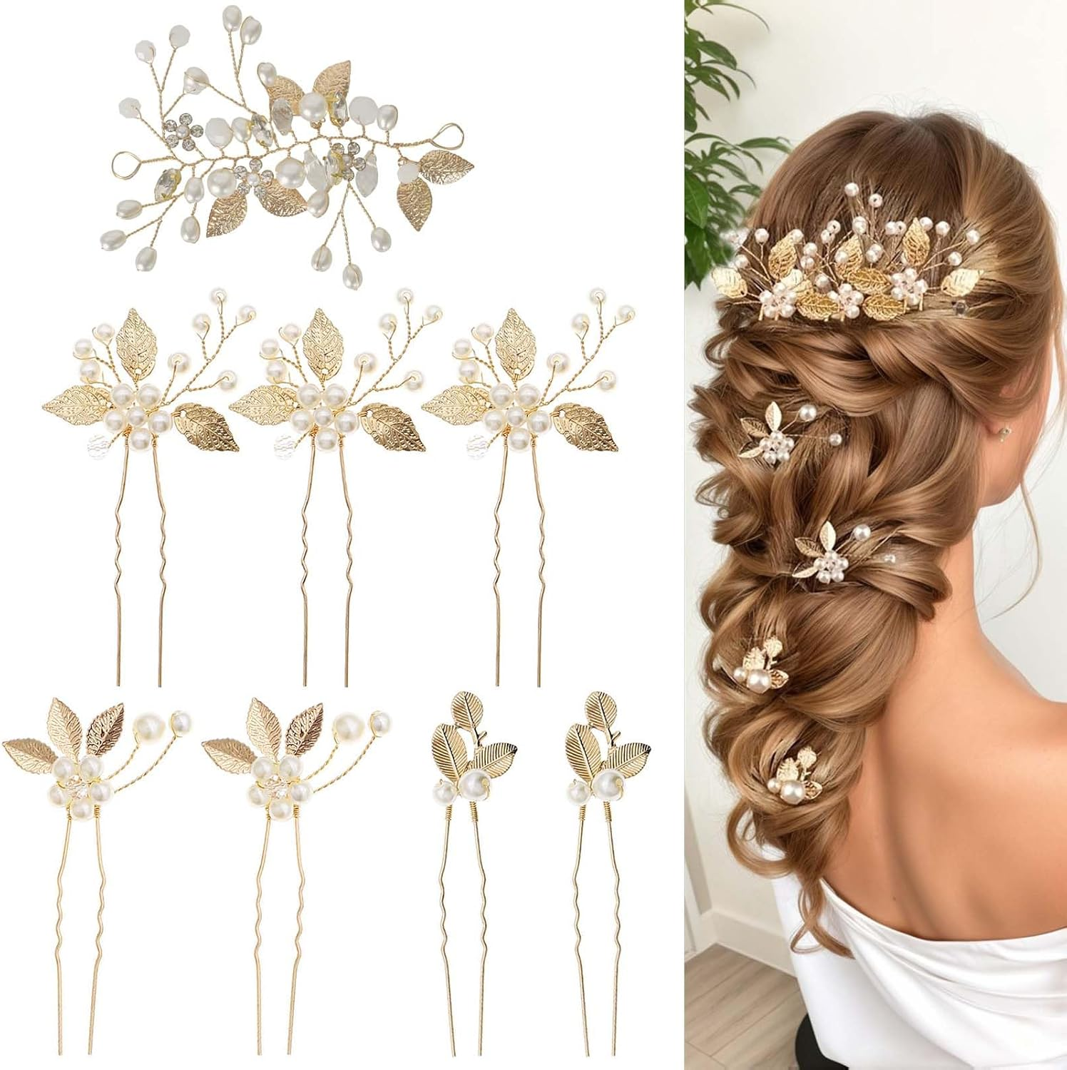 Bridal Wedding Hair Pins, 8 Pcs Bridesmaid Hair Clips, Wedding Hair Vine, Gold Leaf Crystal Pearl Hair Pins, Crystal Pearl Hair Clips Headpiece for Brides Bridesmaids Girls Updo Hair Accessories image number 3