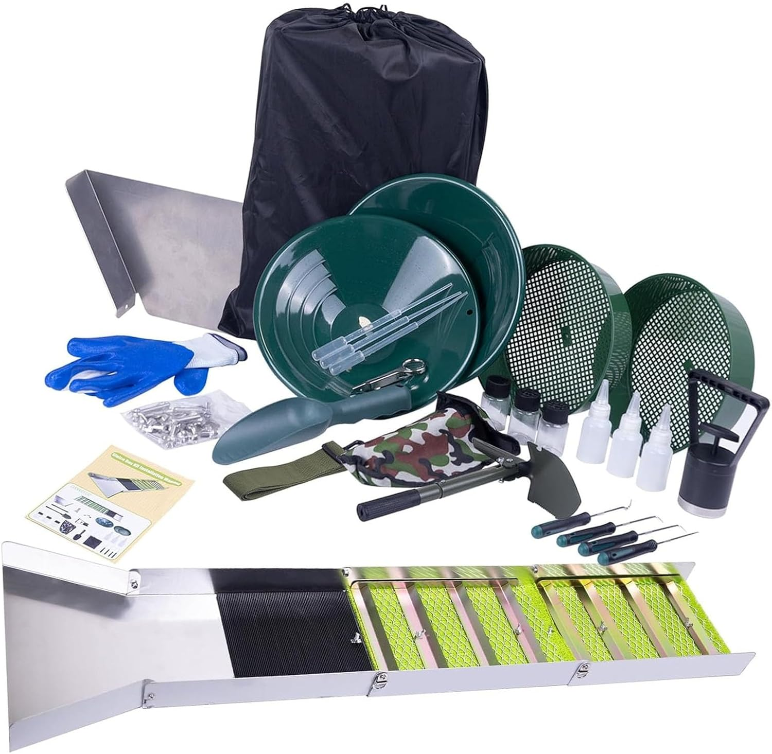 Bewinner 50 Inch Gold Panning Sluice Box Kit with Accessories, Lightweight Aluminum Alloy Prospecting Tool for River Creek Mining, Portable Foldable Backpack Design