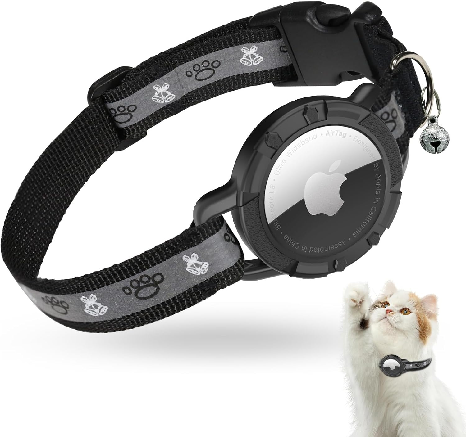 Jiarui Airtag Cat Collar, Reflective Air Tag Cat Collar, GPS Cat Collar with Adjustable and Bell, Integrated Apple Air Tag Cat Collar, Suitable for Cats Puppies [Black] [S]