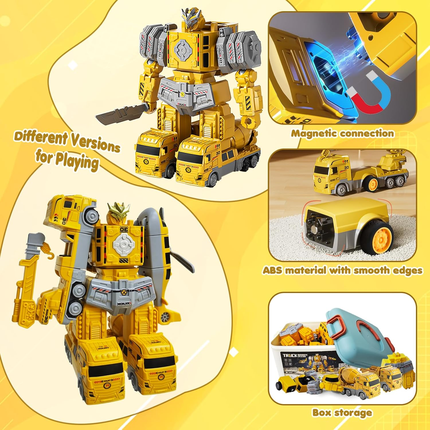 PELOSTA Toddler Magnetic Construction Vehicles Set, 5 PCS Transforming Robot with Storage Box,5 in 1 DIY Assembly Magnetic Engineer Toys,Stem Gifts Building Blocks for Boys Girls Age 3-8(36PCS) image number 5