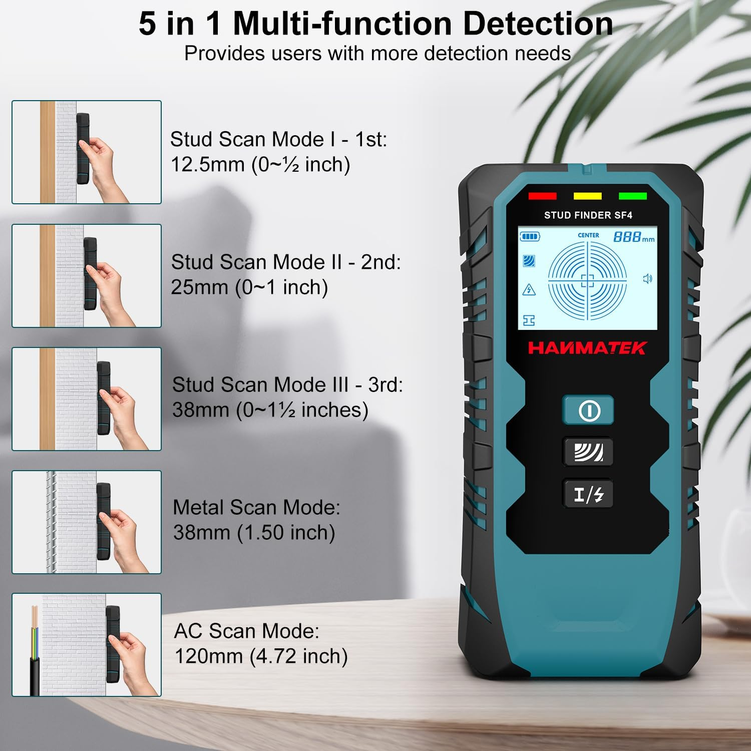 HANMATEK Stud Finder Wall Scanner,5 in 1 Multifunction Stud Locator with Upgraded Smart Sensor Audio Alarm HD LCD Display, Stud Finder Tool for the Center Edge of Metal, Studs, Plaster,Ac Wire,Pipe image number 2