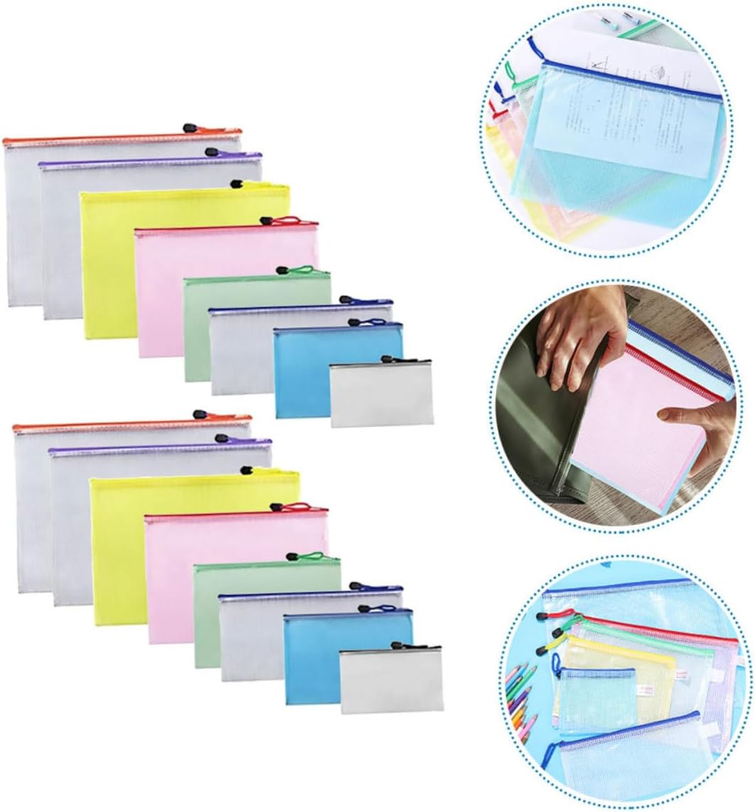 LAPYAPPE 16Pcs Mesh Zipper Pouch for Document Organization Multi Transparent File Bags for Storage Material for Stationery and Travel Supplies image number 2