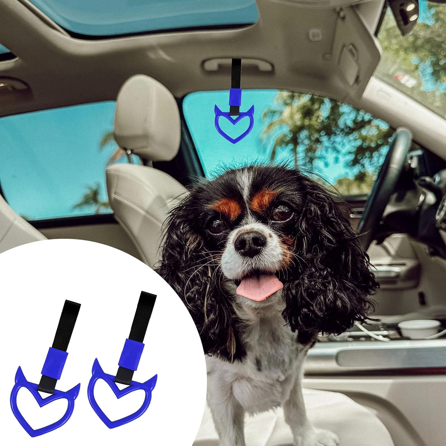 Momerch 2 Pieces Rear Bumper Warning Ring Car Mirror Hanging Ornament, Red Heart Shaped Handle Ring Subway Bus Handle Straps for Car Interior Exterior Decoration (Blue)