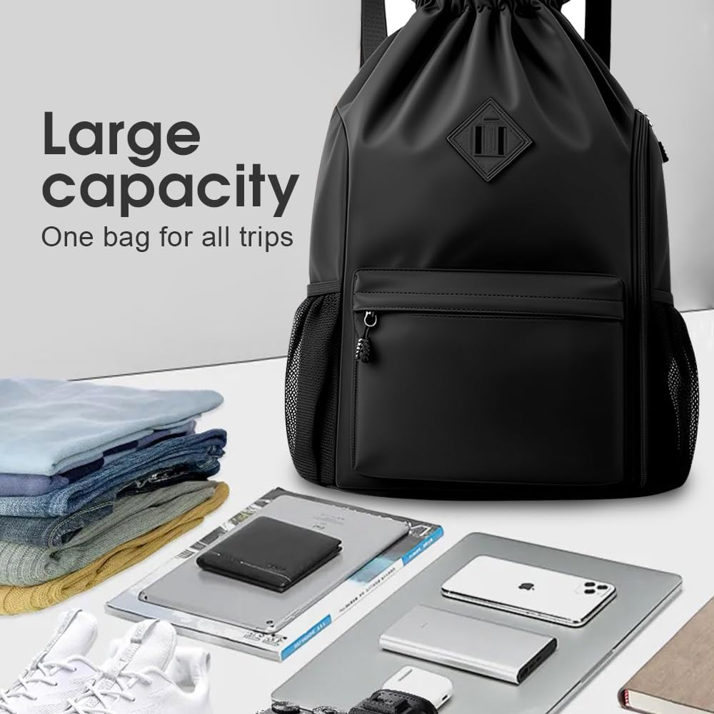 Sonicefit Drawstring Backpack Sports Gym Bag, Water-Resistant String Bag Cinch Bag with Shoe Compartment & Side Pockets for Adults Kids, Lightweight Sackpack for Yoga Beach Swimming Travel - Grey image number 5