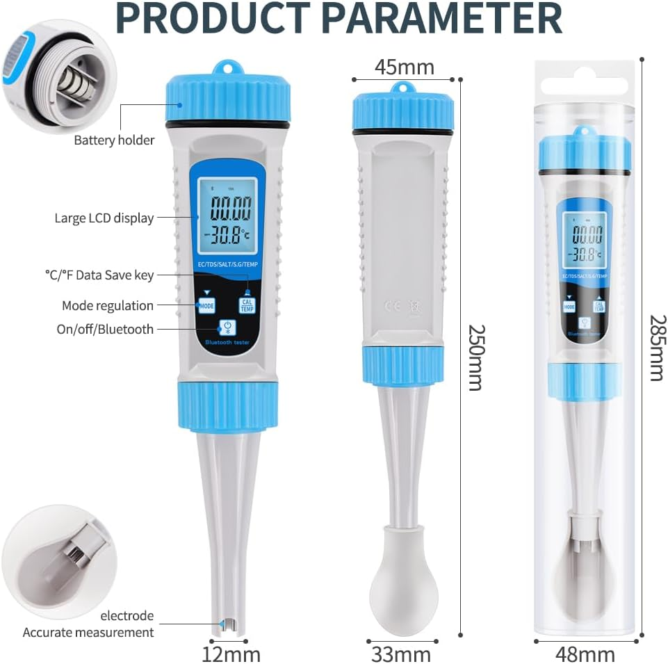 B-Qtech Digital Water Quality Tester 5 in 1 Tds/Ec/Salt/S.G/Temp Temp,Water Hardness Set, Drinking Water Test for Aquarium, Pool, Aquaculture, Fish, App Control, Compatible with Ios and Android