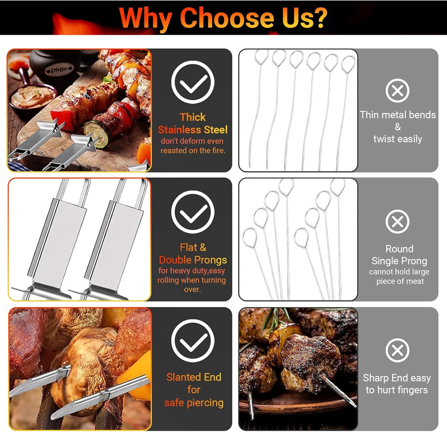 JOWILIN Kabob Skewer for Grilling, 6 Pcs 33CM/13'' Double Pronged Flat BBQ Skewers with Push Bar, Reusable Shish Kebab Skewers, Stainless Steel Kebab Tools for Camping, Barbecue for Meat, Vegetable image number 5