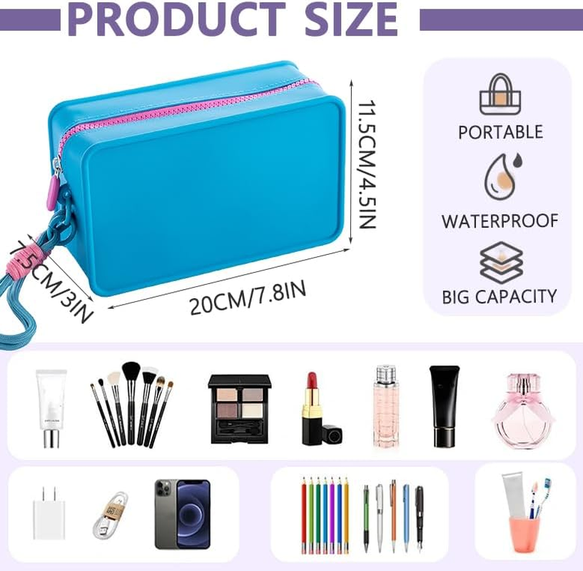 Macaron Style Silicone Travel Makeup/Cosmetic/Toiletry Bag-Waterproof Portable Organizer Pouch with Zipper/Braided Lanyard Keychain/Women Girls' Gym Wash Bag/Purse/Stores Makeup Brush & Nail Polish image number 6