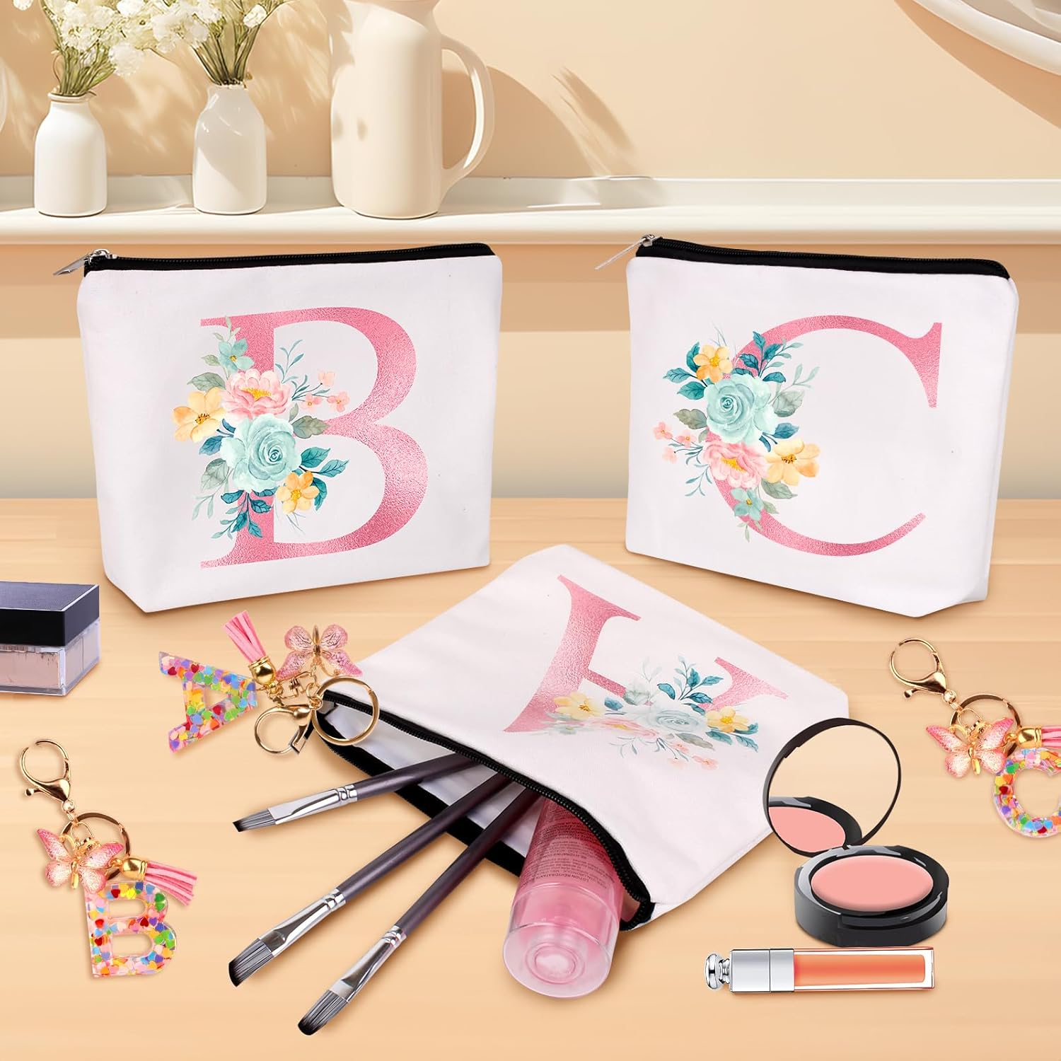 Personalized Makeup Bag with Initial Keychain, Custom Travel Initial Makeup Bag, Birthday Gifts for Women Girl Bridesmaid Teens Teacher, Monogram Small Cosmetic Preppy Toiletry Pouch, J, - C image number 6