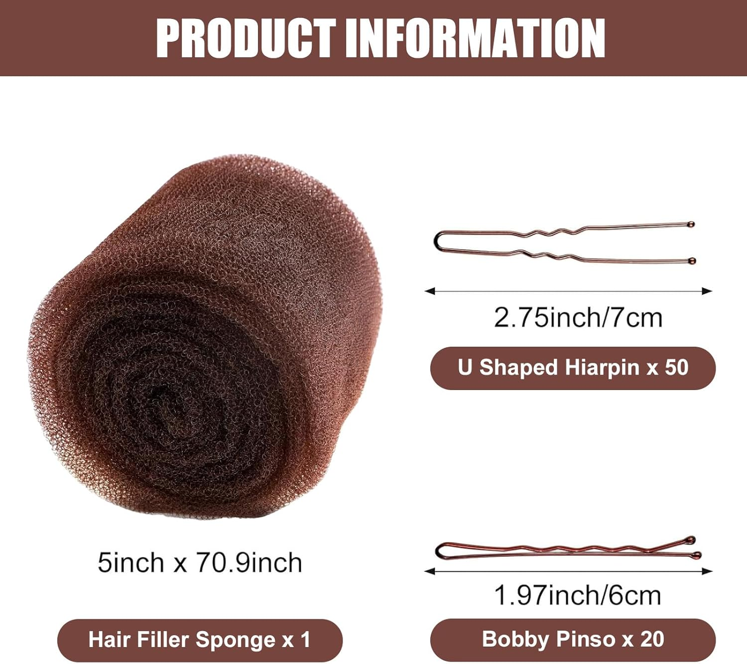 Hair Bun Maker & Styling Accessories Set, Volumizing Sponge for Updos with 70 Bobby Pins, Thin Hair Filler, Salon Must-Have Tool - 1 Piece, Dark Brown image number 1