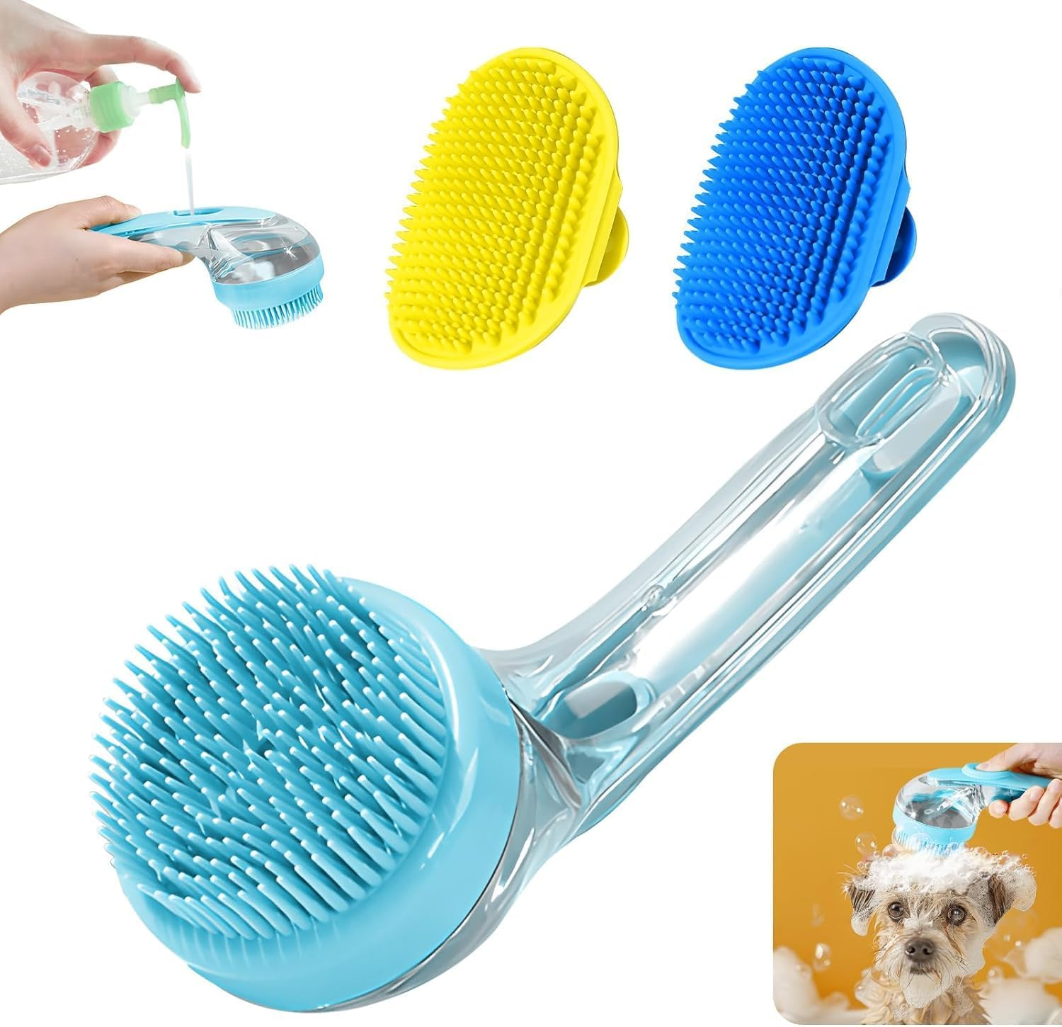 3Pcs Dog Bath Brush Set - Shampoo Brush & Bubble Maker with Adjustable Handle, Paw Washer & Massage Grooming Tool for Short/Long Hair Dogs & Cats (Blue Yellow Green)