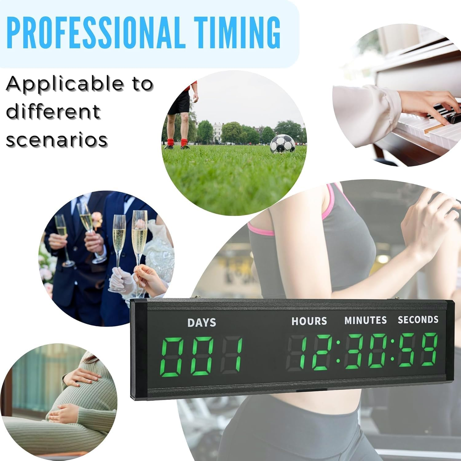 Digital Count up & Count down Timer, Large LED Display & 2" Bold Green Font, 999-Day Countdown, 12/24H Clock with Buzzer & Remote Control image number 2