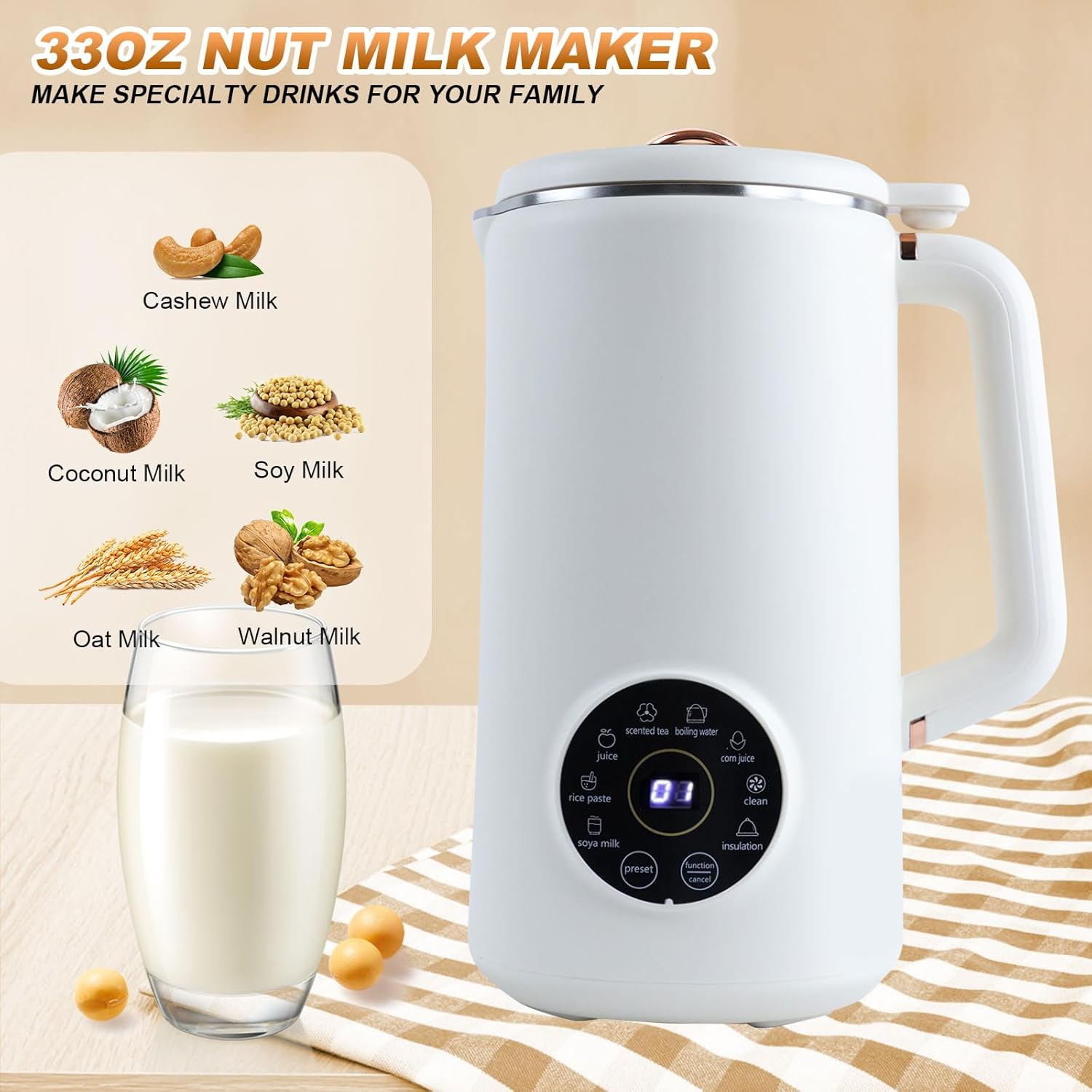 Nut Milk Maker Machine,Soy Milk Maker,1L Soup Maker with LED Display,Milky Plant Machine with Timer|Auto-Clean|Filter Free|Keep Warm,For Homemade Soy Almond Plant Oat Milks,Milkshake,Porridges image number 5