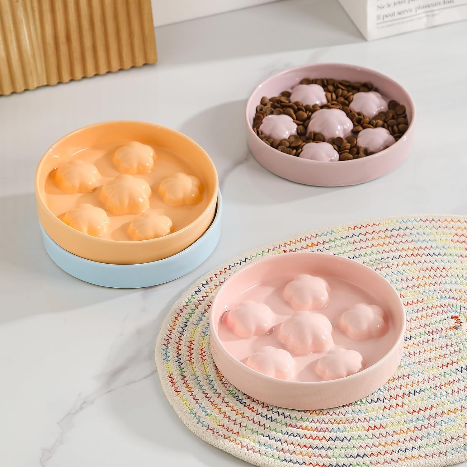 Cat Slow Feeder Bowl Ceramic - Slow Eating Cat Bowl anti Vomiting - Pastel Tones Cat Food Plate - Cute Bloom Cat Feeding Bowl - Fun Maze Cat Dish for Fast Eaters - Dishwasher Safe - 6 OZ - Pale Pink image number 2