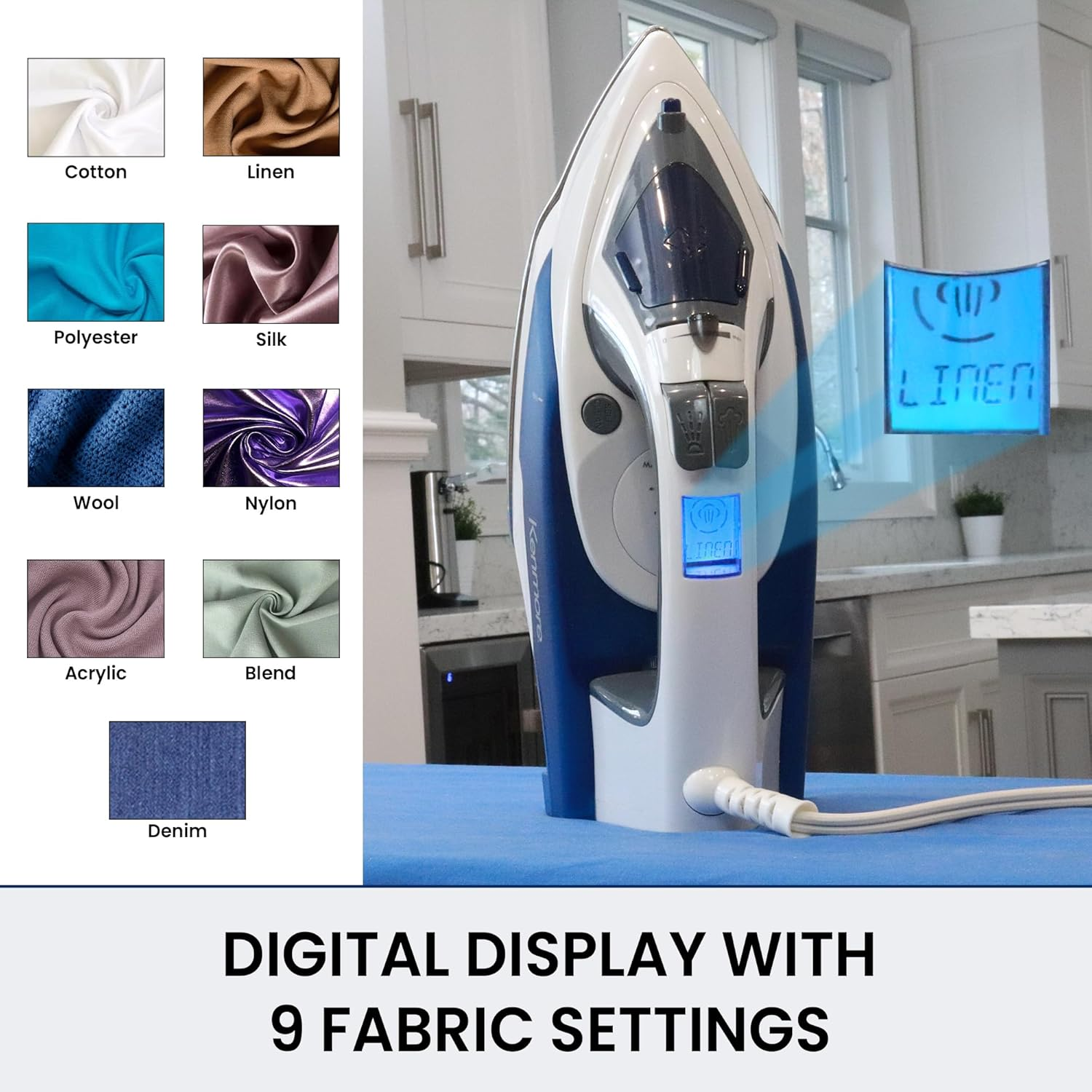 Kenmore Digital Steam Iron &ndash; Powerful 1725W Electric Clothes Steamer & Iron with Stainless Steel Soleplate, 9 Fabric Presets, Vertical Garment Steaming, Auto Shut-Off Ideal for Ironing Board Use image number 4