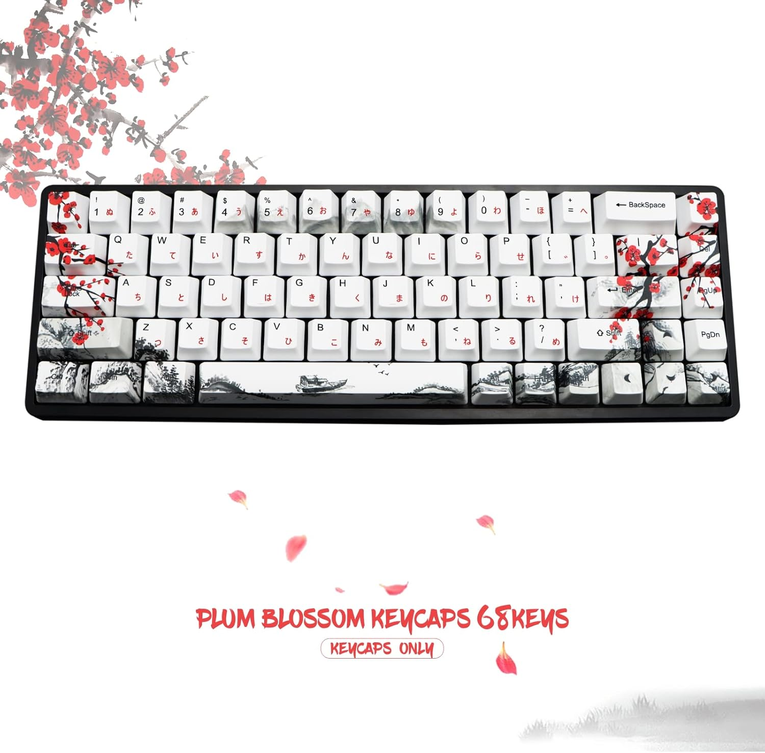 MOLGRIA Keycaps 68 Set for RK68 GK68 Mechanical Keyboard, Custom PBT OEM Profile Key Caps Japanese Font with Keycap Puller for Gateron Kailh Cherry MX Switch ANSI Layout Keyboard(Plum Blossom) image number 1