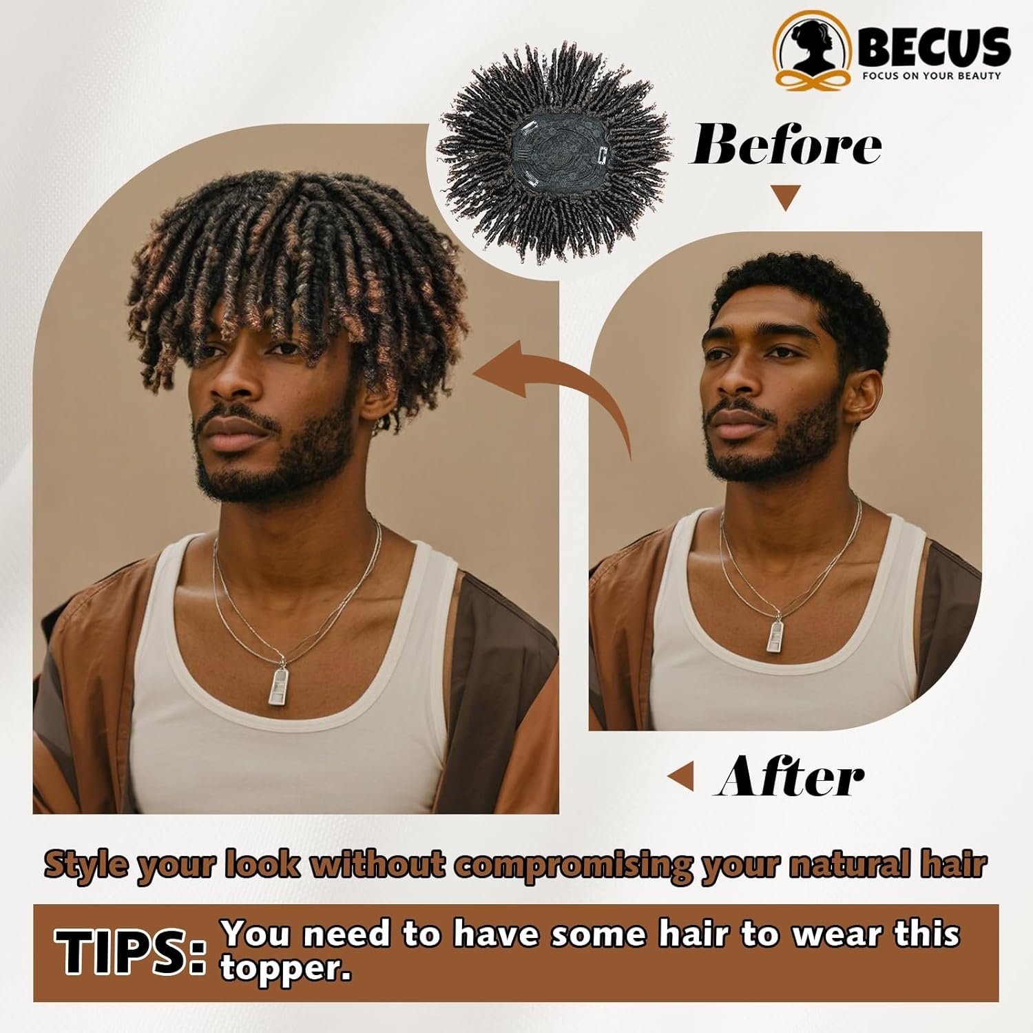 BECUS Dreadlock Toupee for Men Short Braided Toppers for Black Women Curly Synthetic Wiggy image number 3