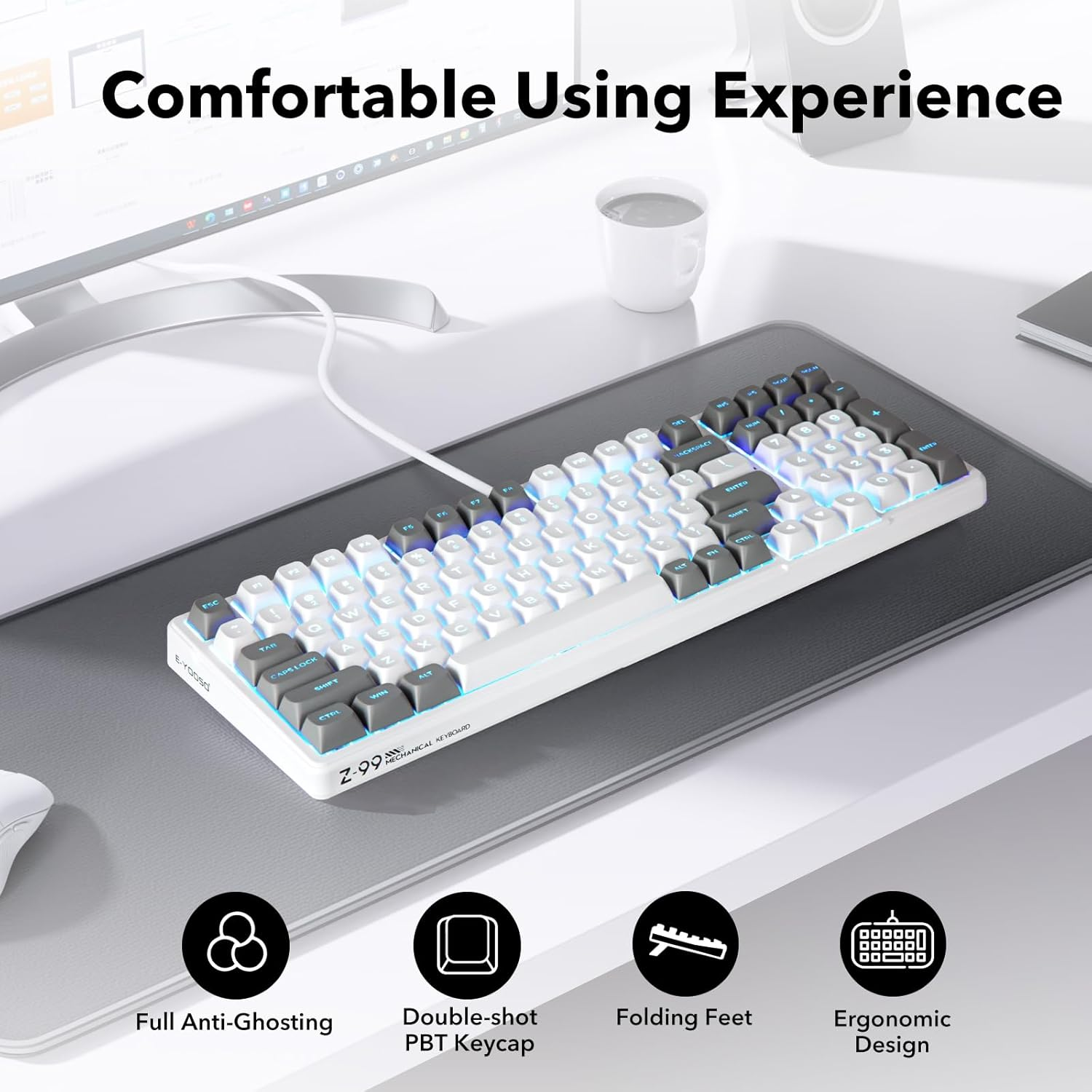 HUO JI Z-99 Wired Mechanical Keyboard, Creamy Sound, Hot Swappable Pre-Lubed Linear Switches, Gasket Structure with Sound Dampening Foam, RGB Backlit, 99 Keys Custom Gaming Keyboard for Pc/Mac,Gray image number 3